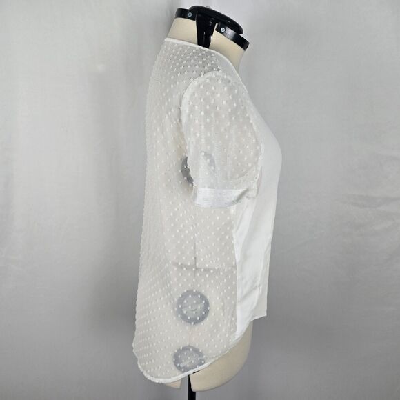 MNG Suit Blouse Women's L White Solid Front Fabric Dot Back Sheer Short Sleeve - Picture 11 of 14